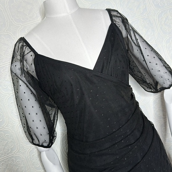 ASOS DESIGN | Dobby Mesh, Puffy Sleeve, Faux Wrap, Dress in Black - Picture 3 of 13
